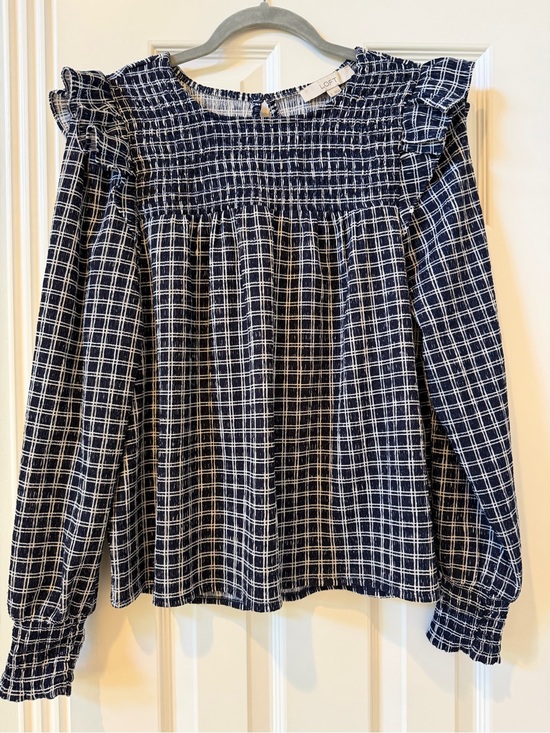 LOFT Tops - LOFT Navy and White Plaid Smocked Ruffle Yoke Blouse